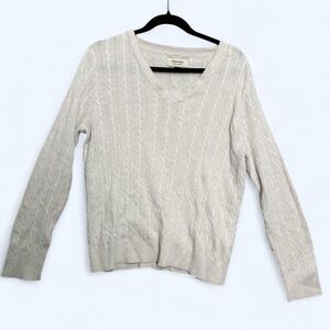 Sonoma Cable Knit Sweater Cream Ivory Cotton V Neck Cottagecore Sz L Preppy